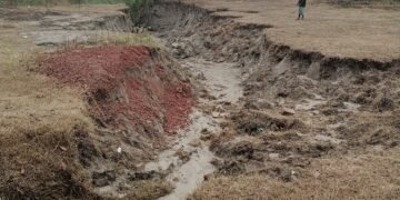 ফরিদপুরে টানা বৃষ্টিতে ভেঙে গেছে চর কল্যাণপুর বিদ্যালয়ের মাঠ